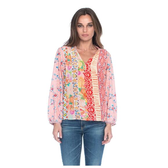 Tolani Women's Teegan Coral Top Size Large Mixed Media Peasant Style Boho Chic - Picture 1 of 10